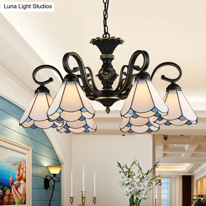 White and Blue Glass Conical Chandelier Lamp with Multiple Lights for Mediterranean Living Rooms