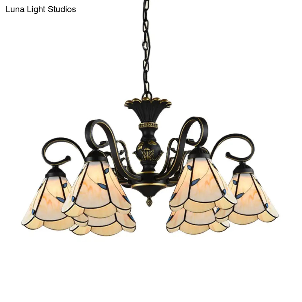 White and Blue Glass Conical Chandelier Lamp with Multiple Lights for Mediterranean Living Rooms