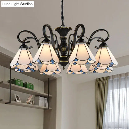 White and Blue Glass Conical Chandelier Lamp with Multiple Lights for Mediterranean Living Rooms