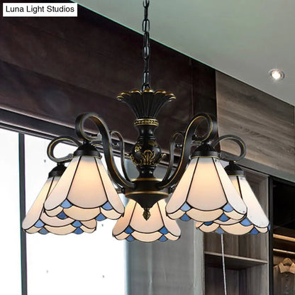 White and Blue Glass Conical Chandelier Lamp with Multiple Lights for Mediterranean Living Rooms