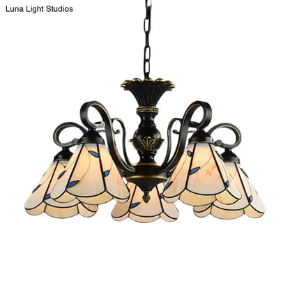 White and Blue Glass Conical Chandelier Lamp with Multiple Lights for Mediterranean Living Rooms