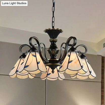 White and Blue Glass Conical Chandelier Lamp with Multiple Lights for Mediterranean Living Rooms