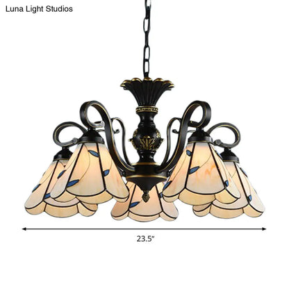 White and Blue Glass Conical Chandelier Lamp with Multiple Lights for Mediterranean Living Rooms