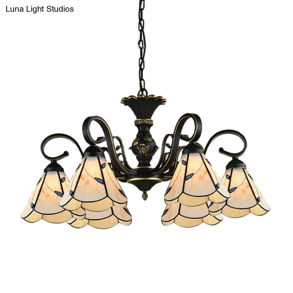 White and Blue Glass Conical Chandelier Lamp with Multiple Lights for Mediterranean Living Rooms