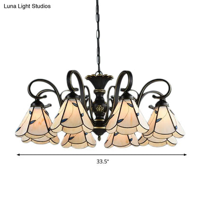 White and Blue Glass Conical Chandelier Lamp with Multiple Lights for Mediterranean Living Rooms