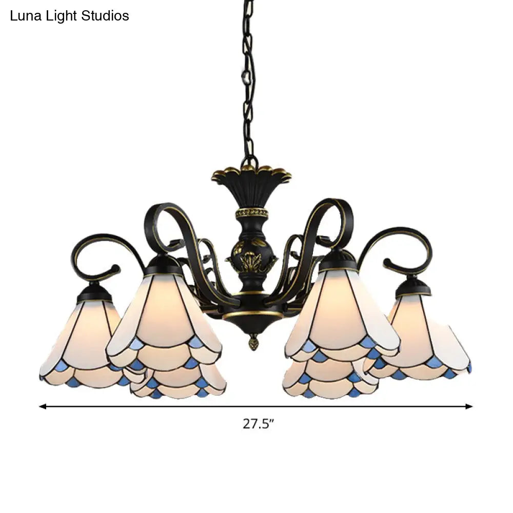 White and Blue Glass Conical Chandelier Lamp with Multiple Lights for Mediterranean Living Rooms