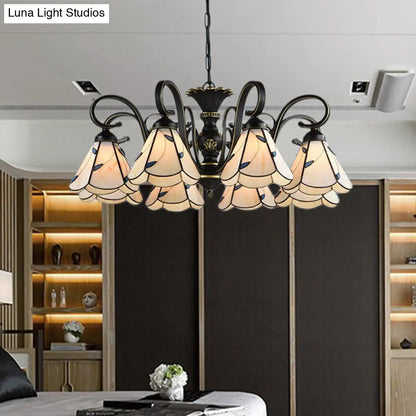 White and Blue Glass Conical Chandelier Lamp with Multiple Lights for Mediterranean Living Rooms