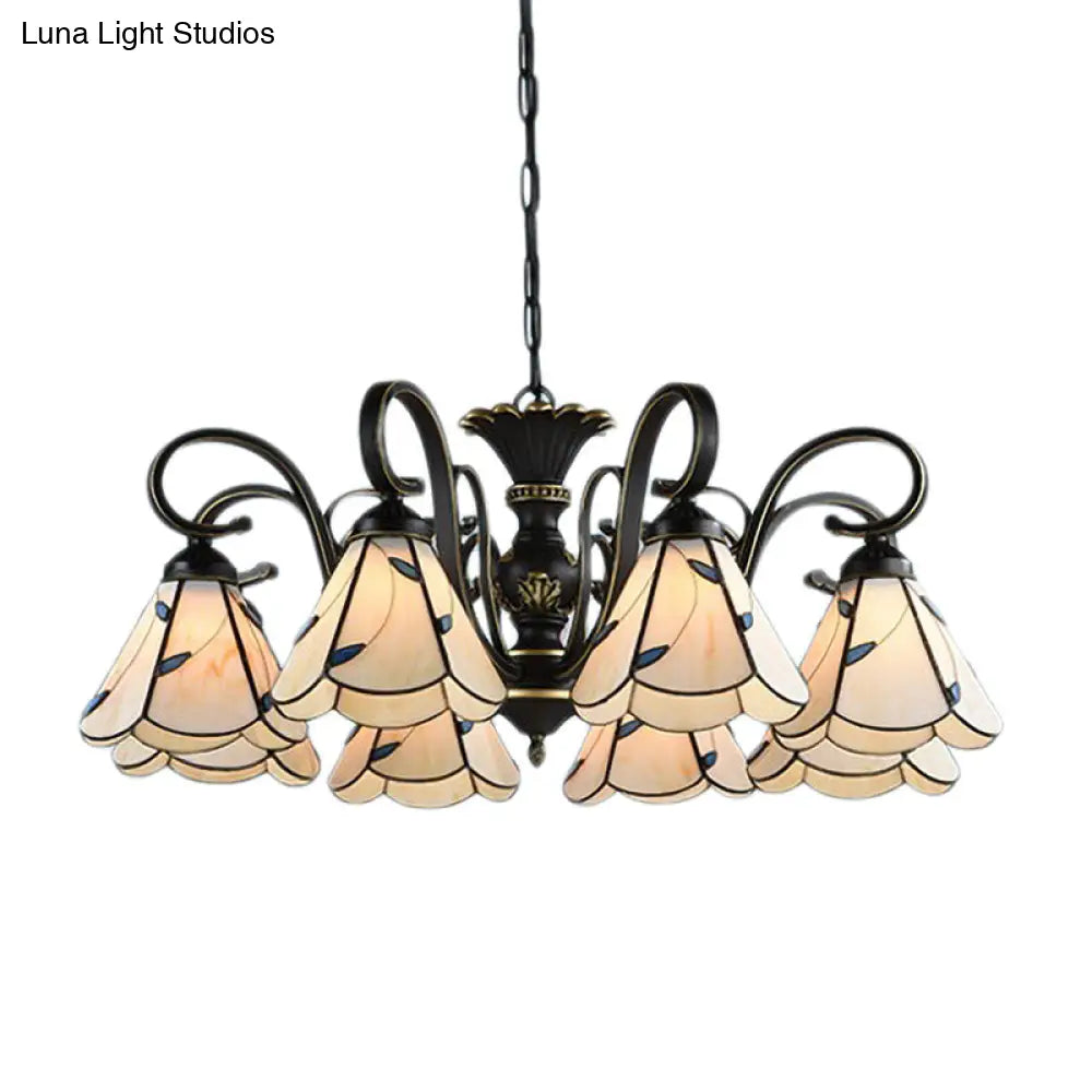 White and Blue Glass Conical Chandelier Lamp with Multiple Lights for Mediterranean Living Rooms