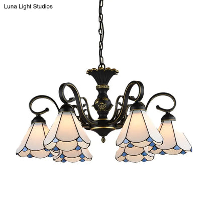 White and Blue Glass Conical Chandelier Lamp with Multiple Lights for Mediterranean Living Rooms