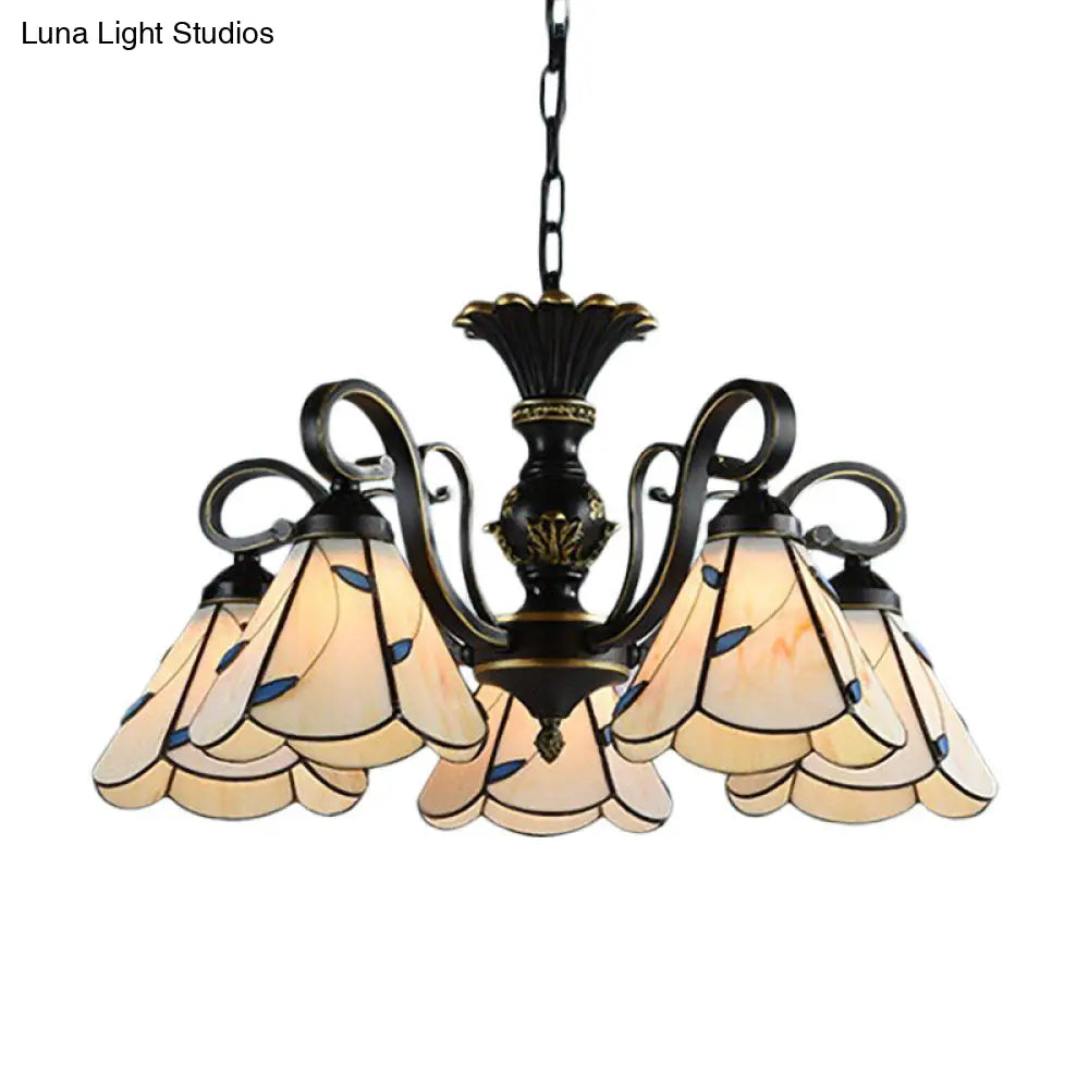 White and Blue Glass Conical Chandelier Lamp with Multiple Lights for Mediterranean Living Rooms