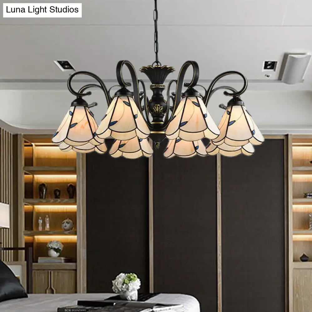 White and Blue Glass Conical Chandelier Lamp with Multiple Lights for Mediterranean Living Rooms