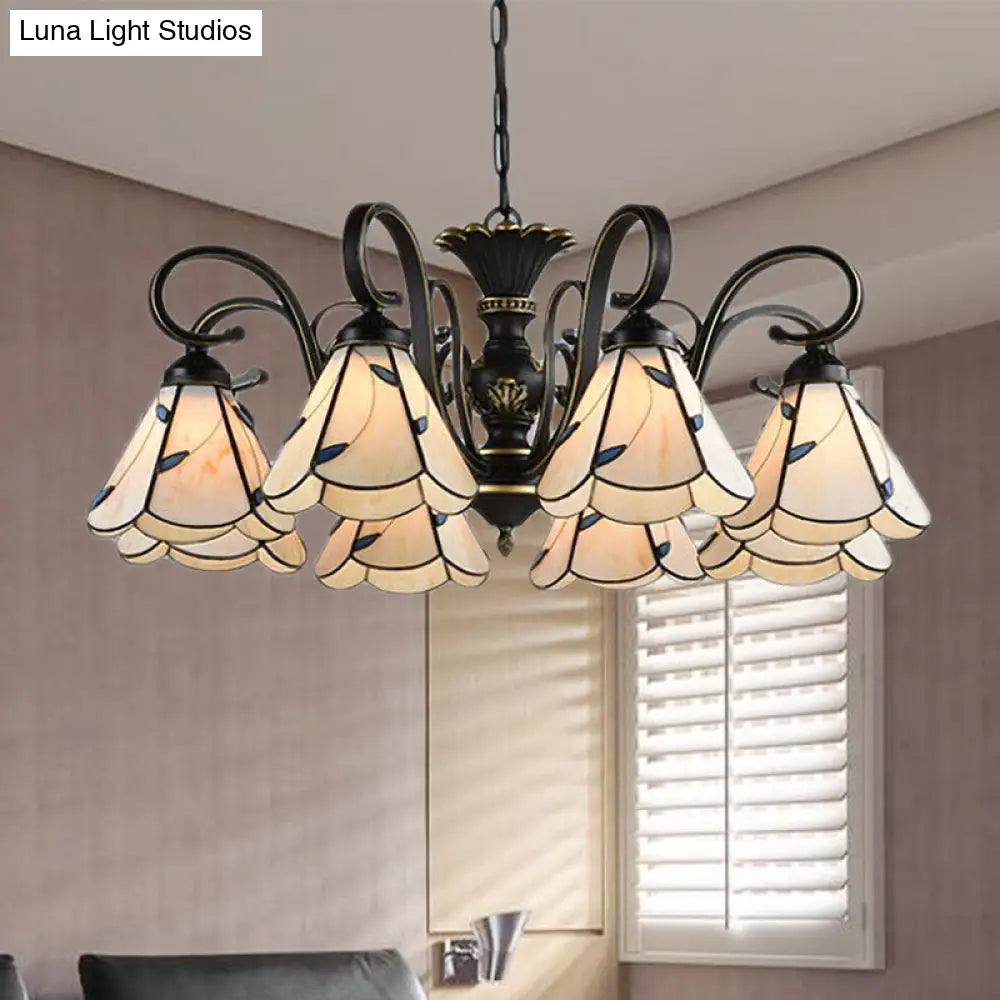 White and Blue Glass Conical Chandelier Lamp with Multiple Lights for Mediterranean Living Rooms