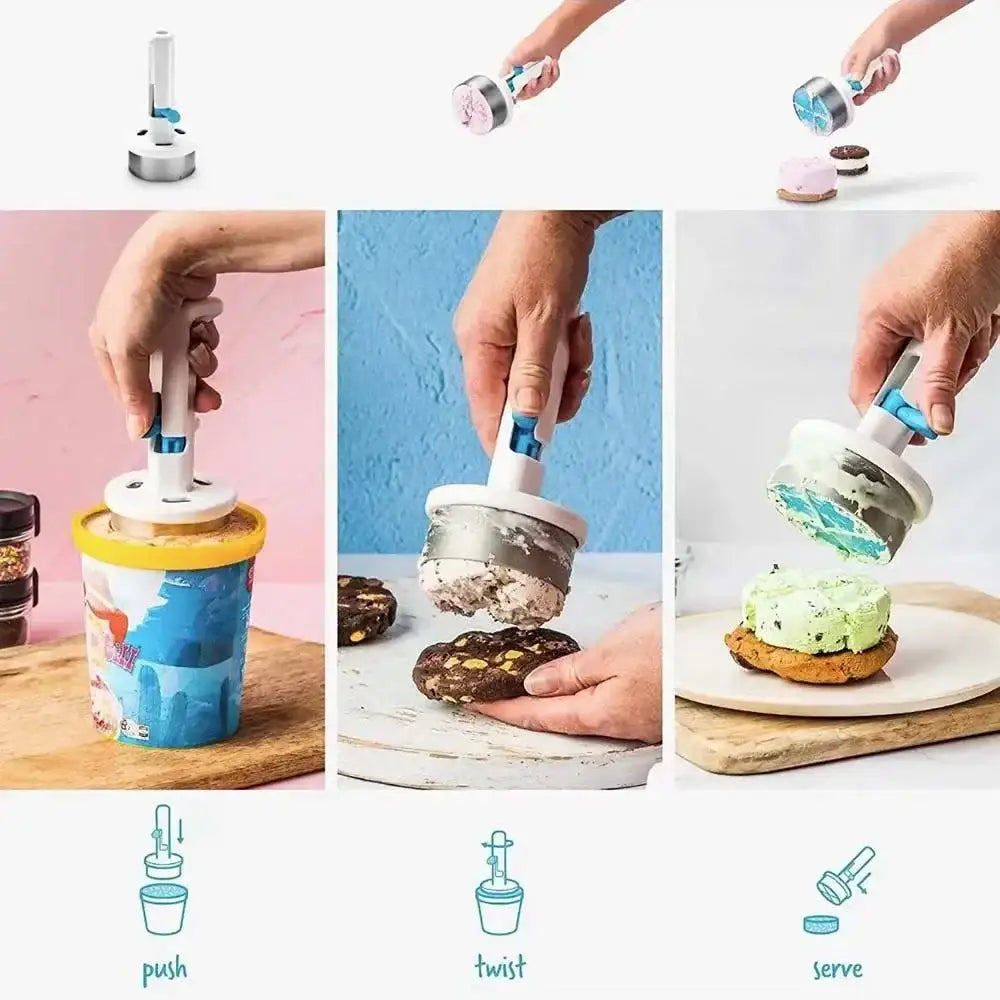 White and blue metal ice cream scoop with stainless steel cutting blade for kitchen and sandwich use