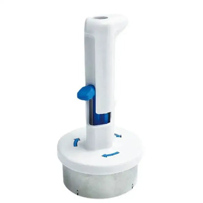 White and blue ice cream scoop with plastic handle, metallic base, and directional arrows on circular platform for cream scoop use