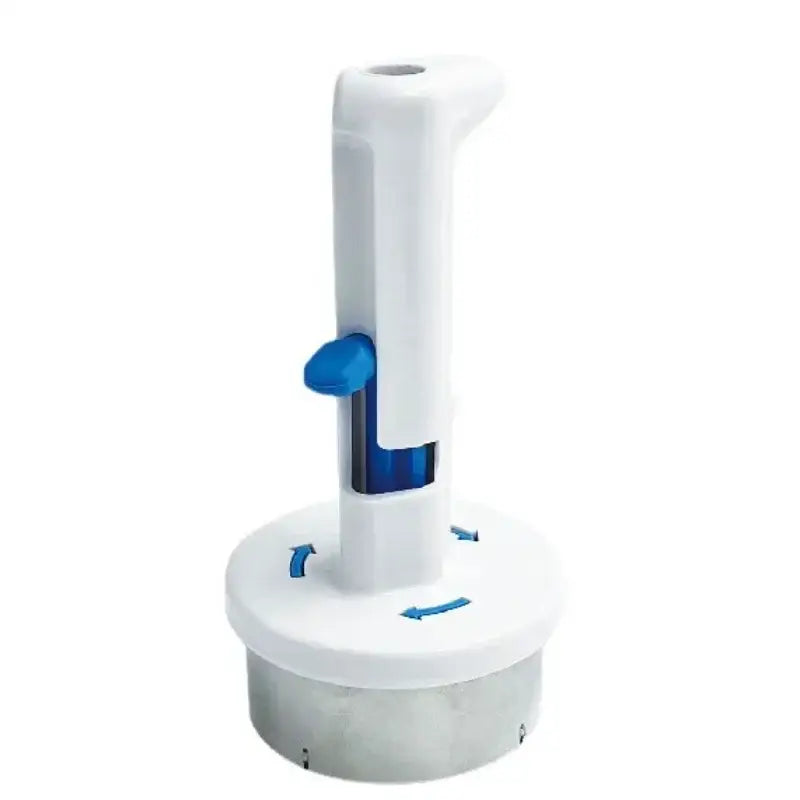 White and blue ice cream scoop with plastic handle, metallic base, and directional arrows on circular platform for cream scoop use