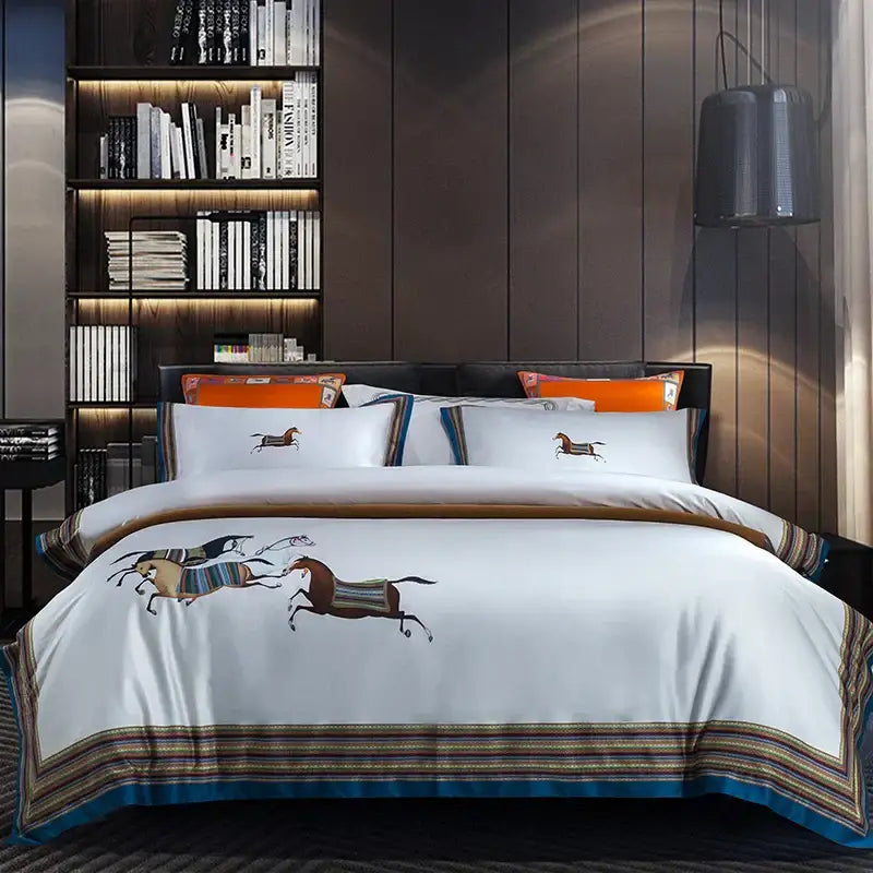 White satin duvet cover with embroidered galloping horses and blue gold striped border in decorbites galloping horse bedding set