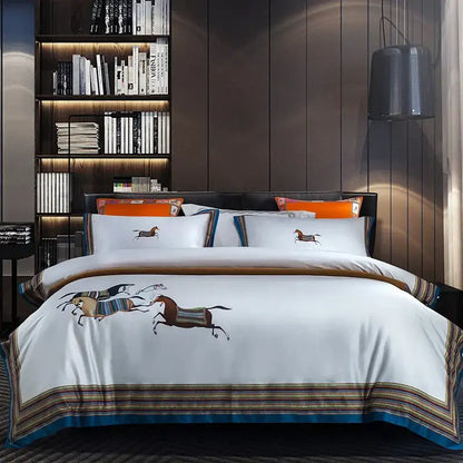 White satin duvet cover with embroidered galloping horses and blue gold striped border in decorbites galloping horse bedding set