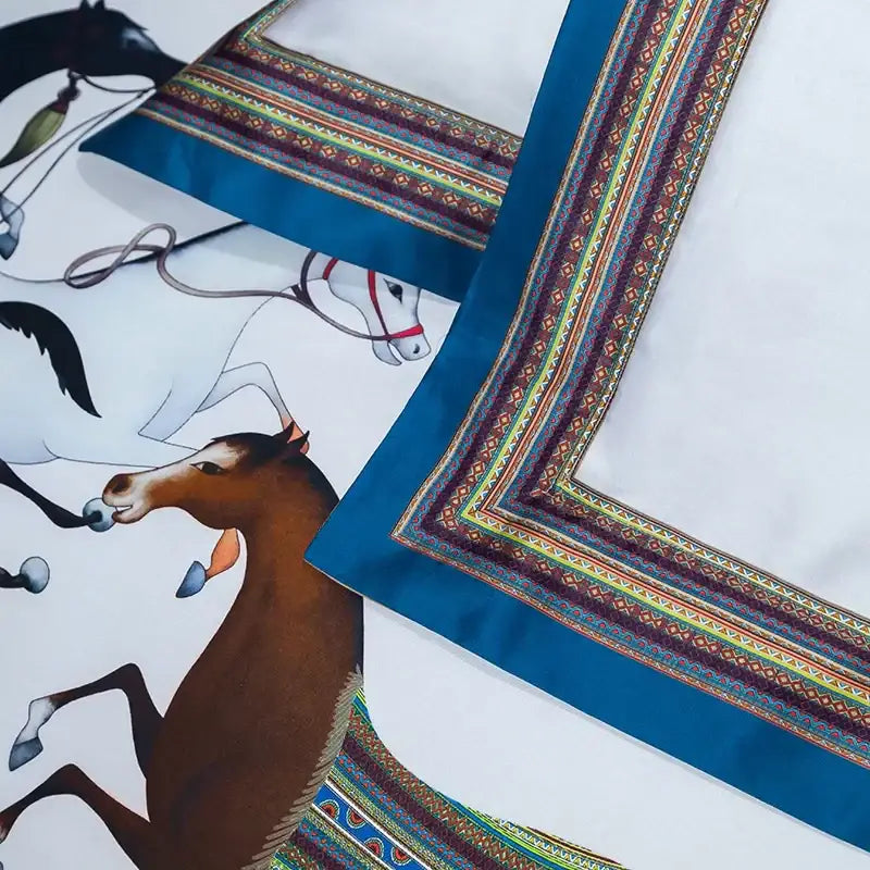 White silk scarf with elegant galloping horse print and multicolored border for decorbites galloping horse bedding set