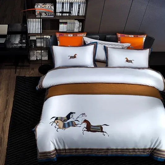 White satin bedding set with embroidered galloping horse design and brown decorative band for luxury decorbites galloping horse decor