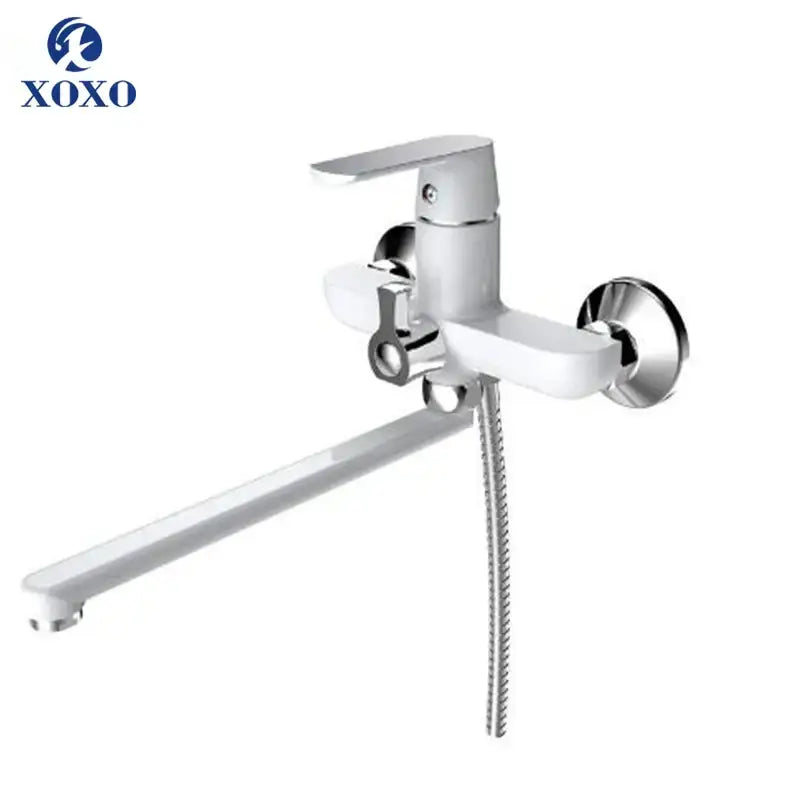 White and chrome bathtub shower faucet with long spout and detachable handheld shower hose for bathroom use