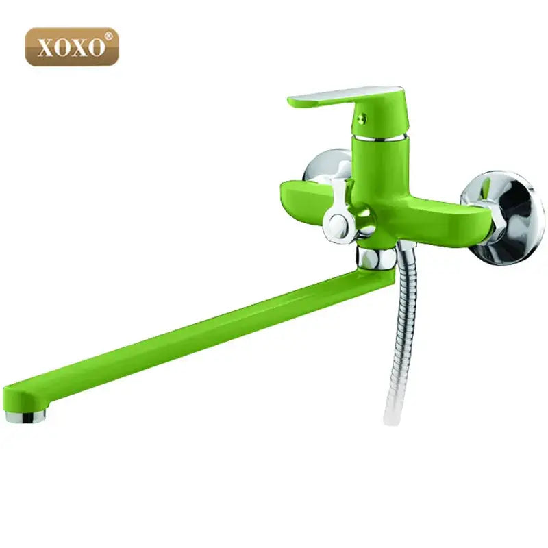 Bright green xoxo brand wall-mounted bathtub shower faucet with chrome accents and flexible hose handheld showerhead