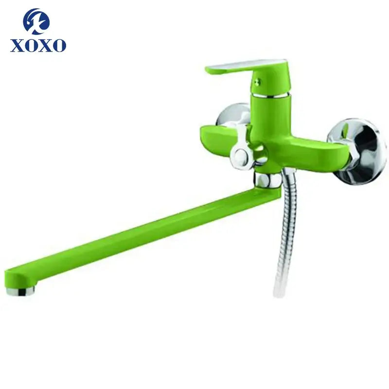 Bright green xoxo brand wall-mounted bathtub shower faucet with chrome accents and flexible hose handheld showerhead