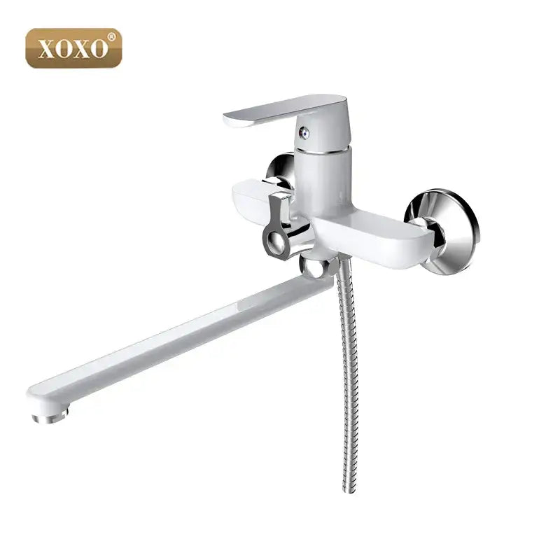 White and chrome bathtub shower faucet with long spout and detachable flexible hose for bathroom handheld showerhead