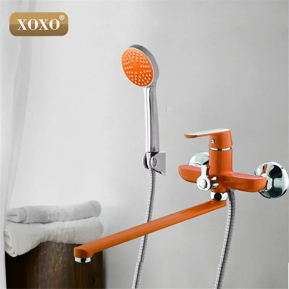 White and chrome bathtub shower faucet set by Orange xoxo featuring chrome accents and matching handheld showerhead
