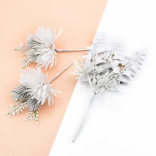 White and frosted green decorbites decorative flowers wedding bouquet with artificial feathery petals and slender stems