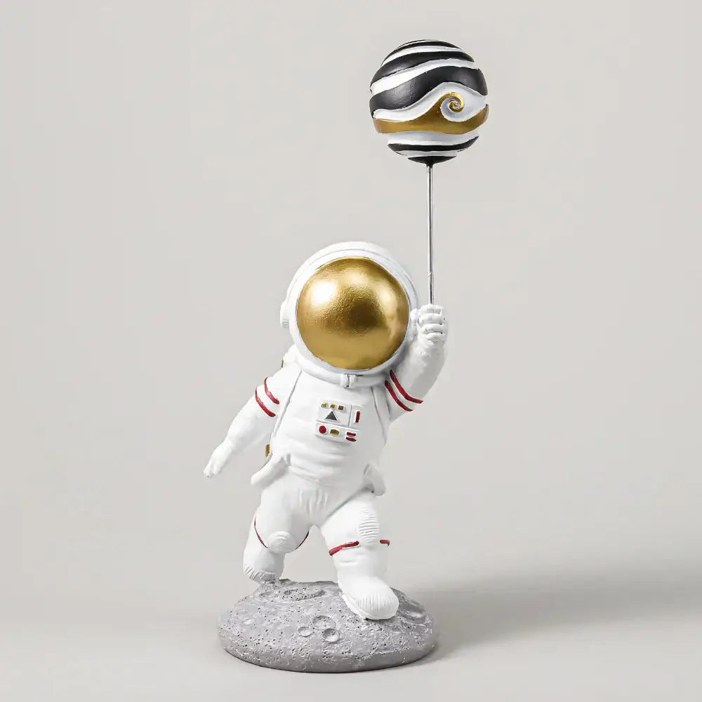 White and gold astronauts figurines with gold helmet holding striped balloon for living room decorbites astronauts figurines