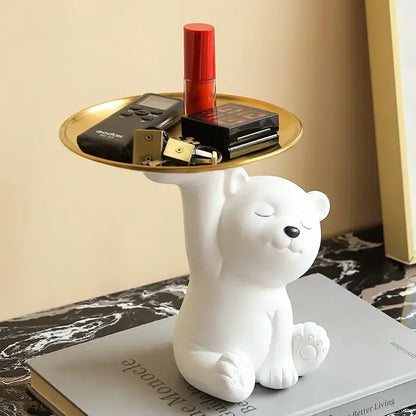 White and gold bear figurine resin storage box with circular tray for cosmetics home decor living room display