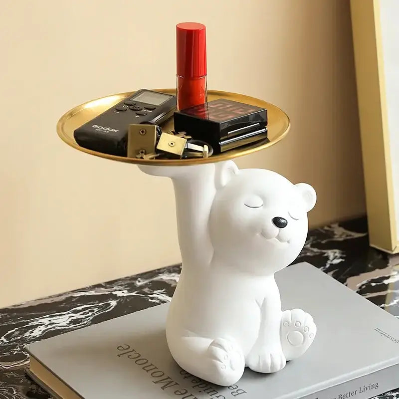 White and gold bear figurine resin storage box with circular tray for cosmetics home decor living room display