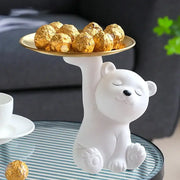 White ceramic bear figurine holding a gold-colored plate storage box for elegant home decor made of bear figurine resin