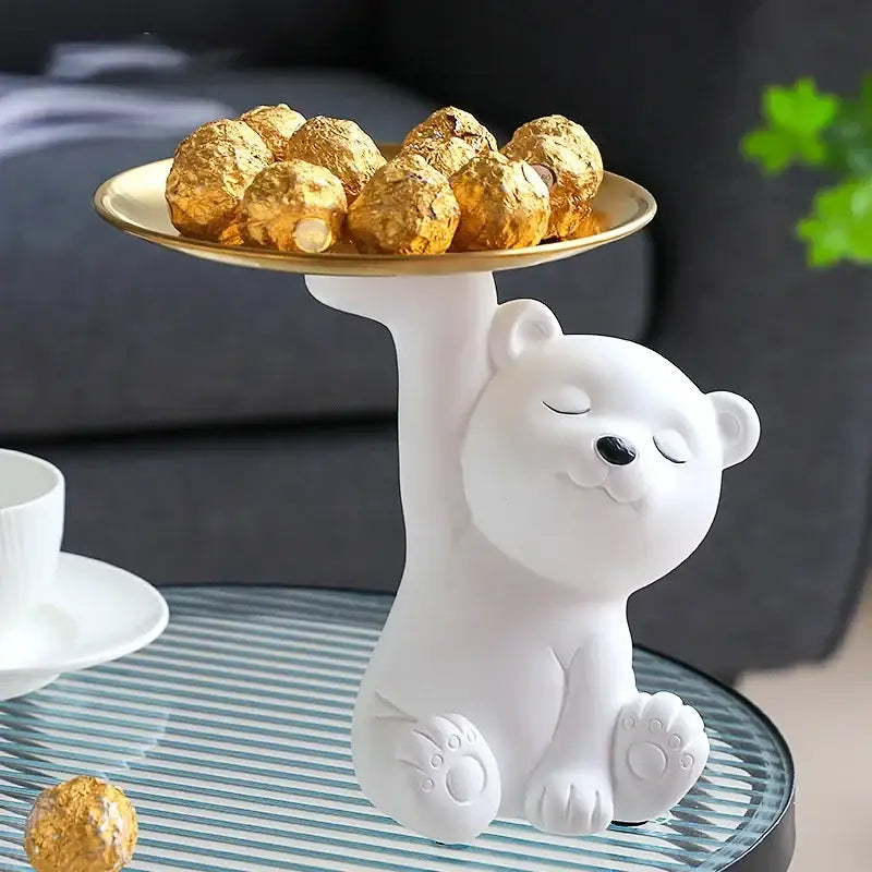 White ceramic bear figurine holding a gold-colored plate storage box for elegant home decor made of bear figurine resin