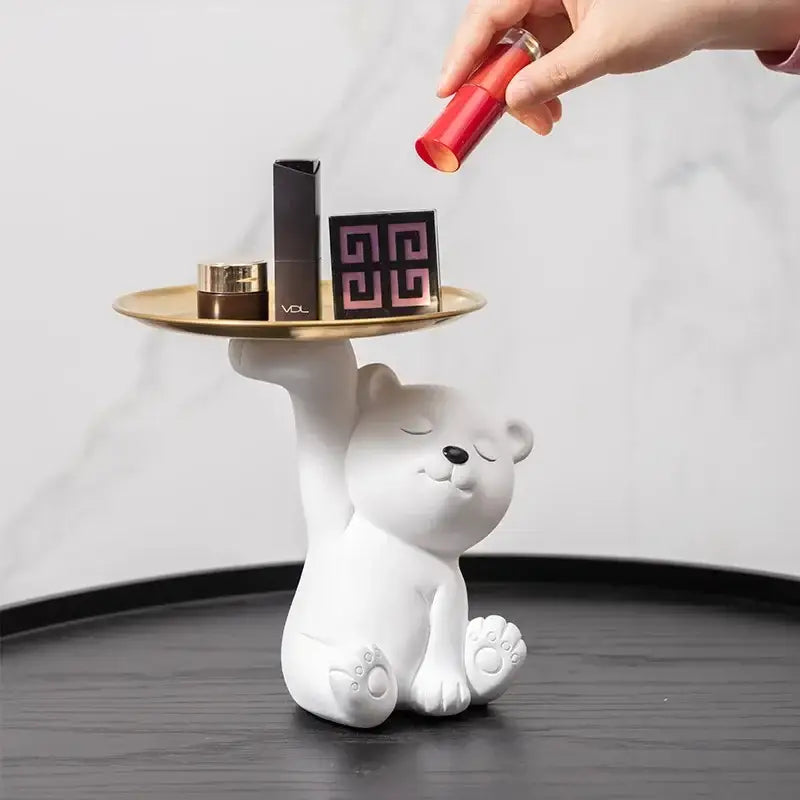 White and gold bear figurine resin storage box with ceramic design and gold tray for elegant home decor display
