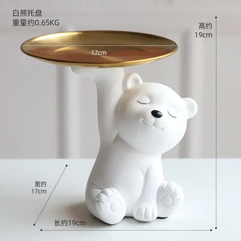 White and gold bear figurine resin serving stand with circular tray and storage box for stylish home decor