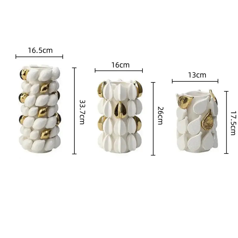 Three white and gold lemon carambola ceramic vases with varied sizes for elegant living room decorbites decor