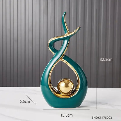 Teal and gold ceramic abstract figurine set with glossy finish for living room decorbites ceramic abstract decor