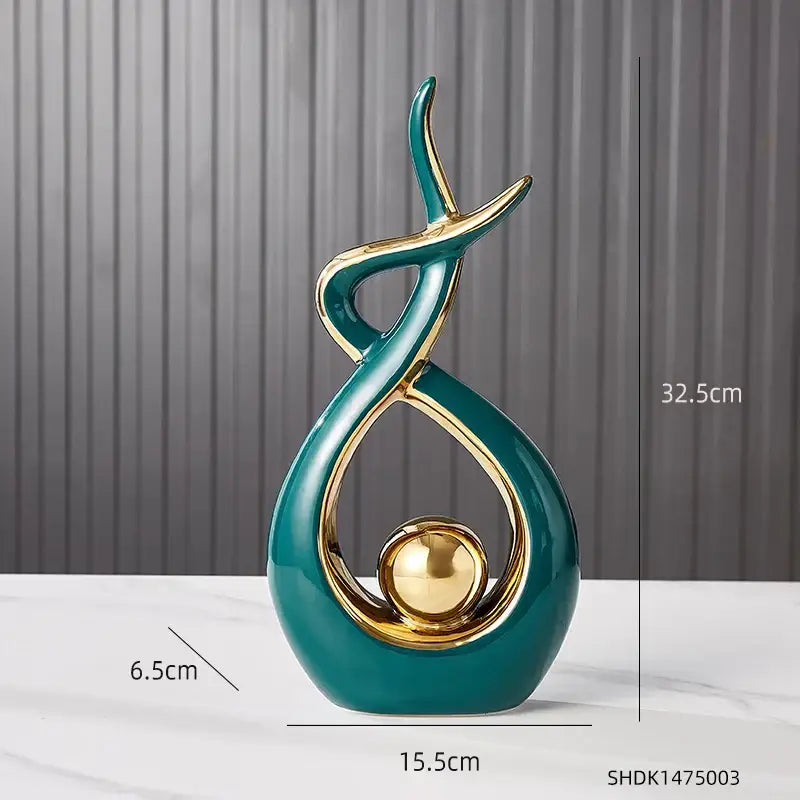 Teal and gold ceramic abstract figurine set with glossy finish for living room decorbites ceramic abstract decor
