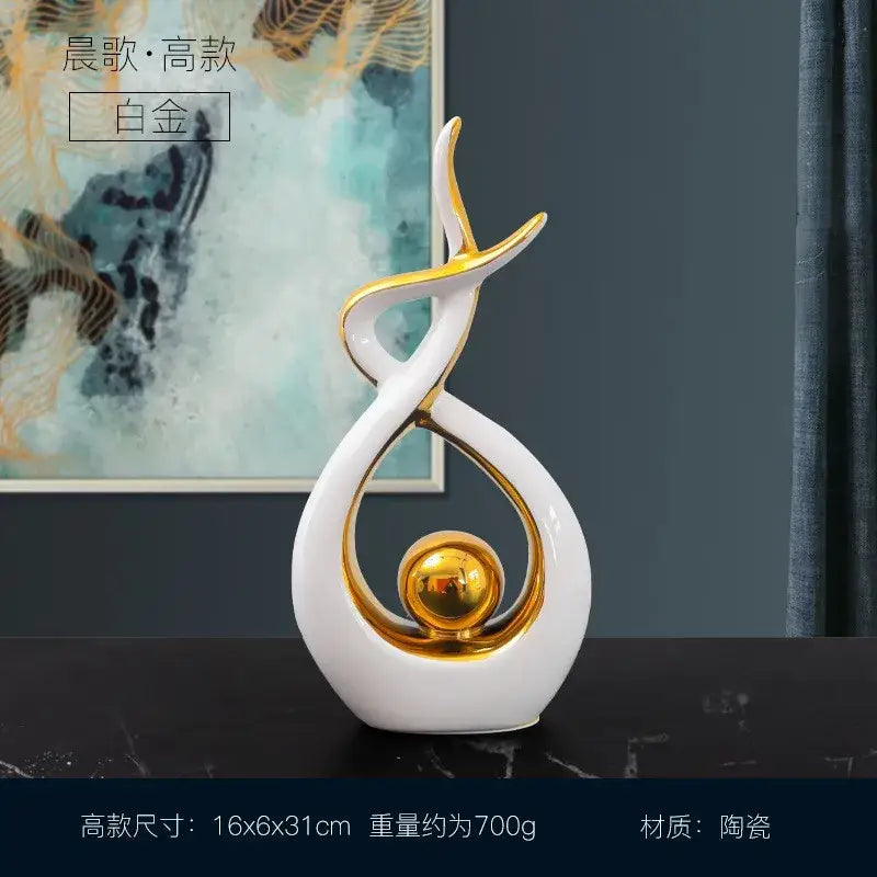 White and gold ceramic abstract figurine set with glossy spherical centerpiece for living room decorbites ceramic abstract decor