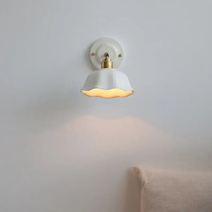 White and gold ceramic led wall light with brass accent and scalloped lampshade for bedroom decorbites ceramic led wall