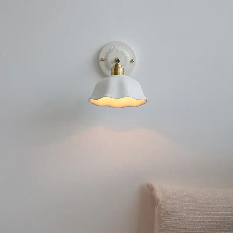 White and gold ceramic led wall light with brass accent and scalloped lampshade for bedroom decorbites ceramic led wall