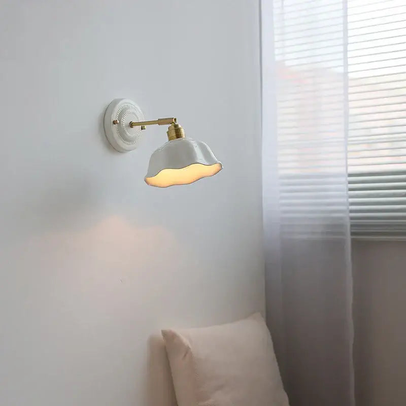 White and gold ceramic led wall light with brass arm and fluted lampshade for bedroom decorbites ceramic led wall use