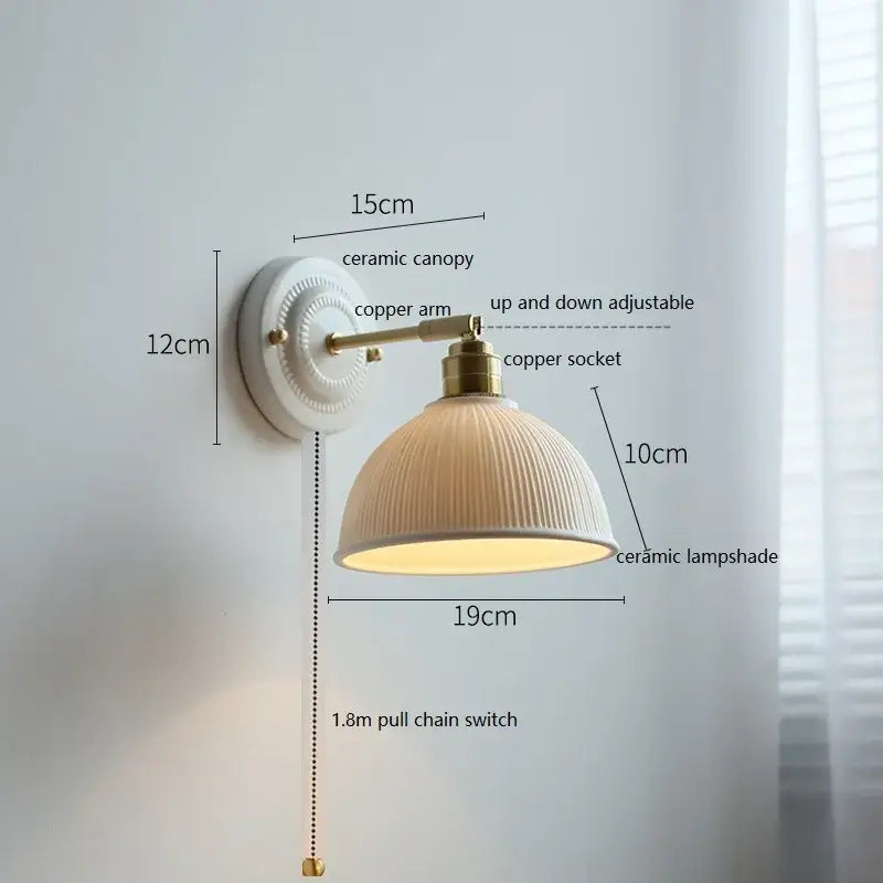 White and gold ceramic led wall light with cream ceramic lampshade and brass copper arm for bedroom decorbites ceramic led wall