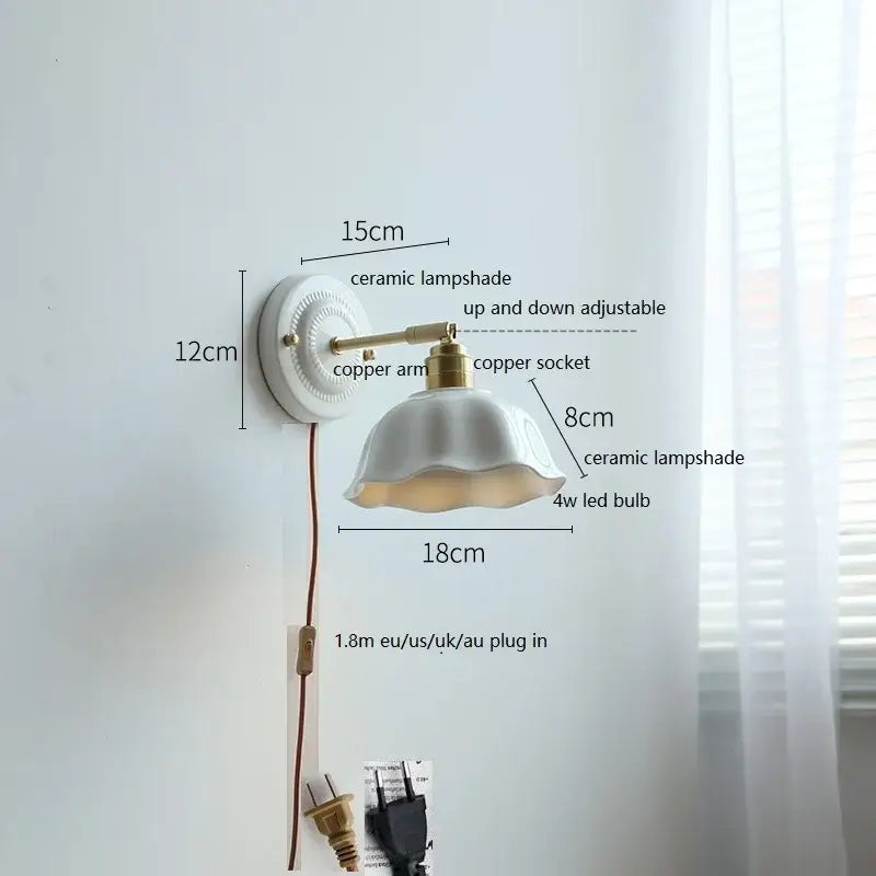 White and gold ceramic led wall light with brass copper arm and adjustable design for bedroom decorbites ceramic led wall