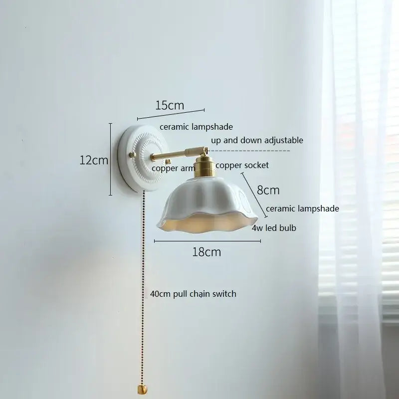 White and gold ceramic led wall light with adjustable brass copper arm for bedroom decorbites ceramic led wall decor