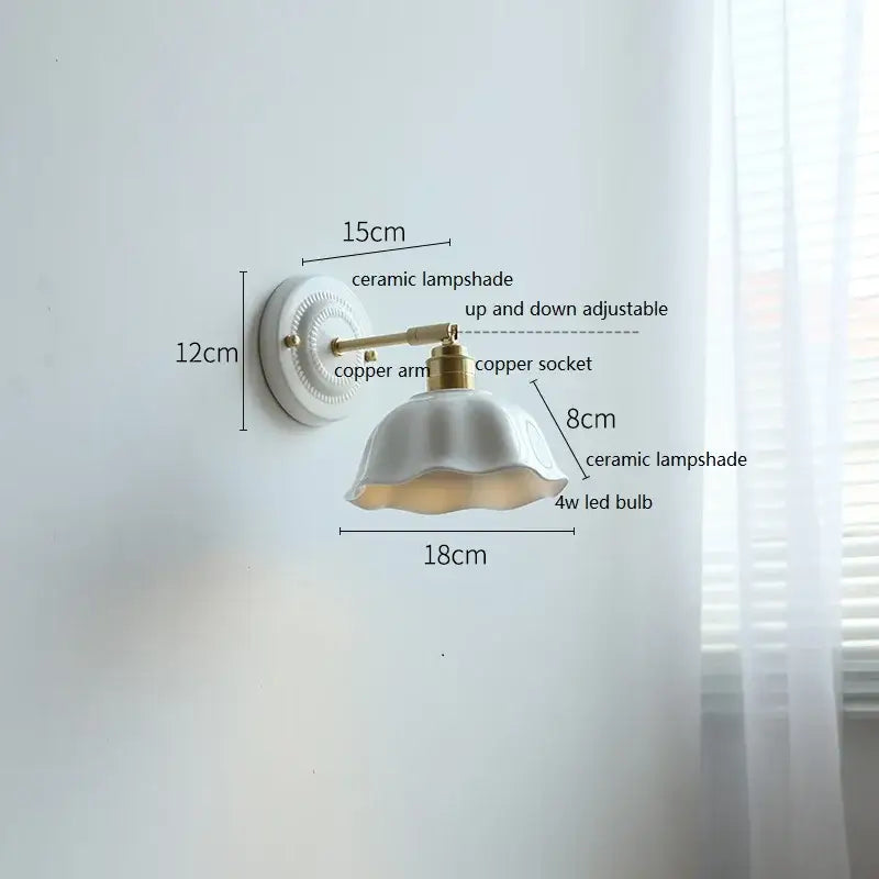 White and gold ceramic led wall light with a fluted lampshade and brass copper arm by decorbites ceramic led for bedroom decor