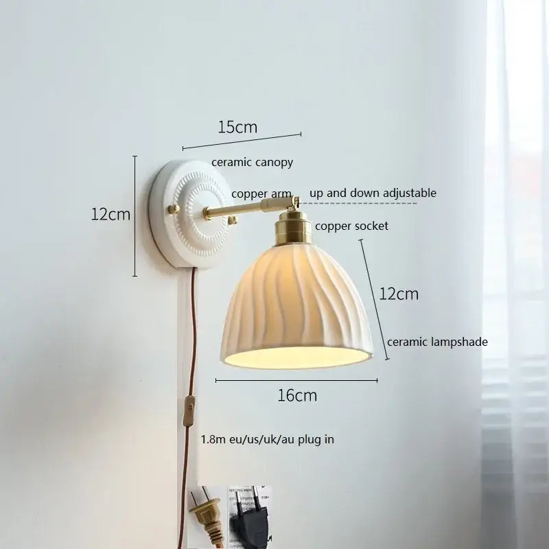 White and gold ceramic led wall light with ribbed ceramic shade and brass copper arm for bedroom decorbites ceramic led decor