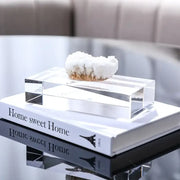 A white and gold crystal coralline ornament with crystalline geode details displayed on a clear acrylic block