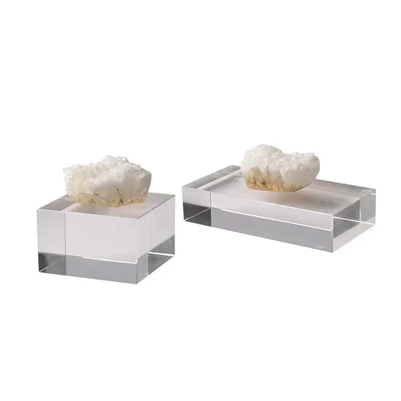 White quartz crystal coralline ornaments displayed on clear acrylic stands for elegant living room decor